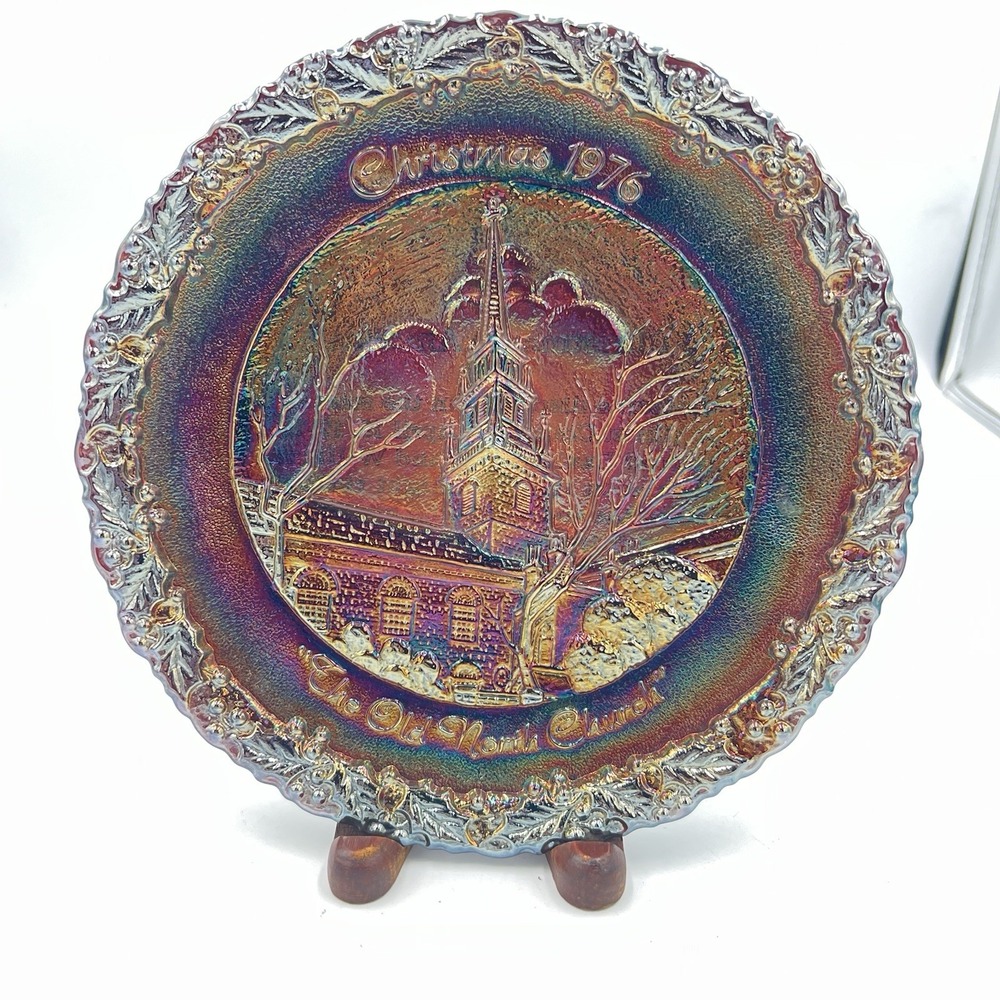 Fenton 1976 Christmas Plate Old North‎ Church Carnival Glass 8.75"